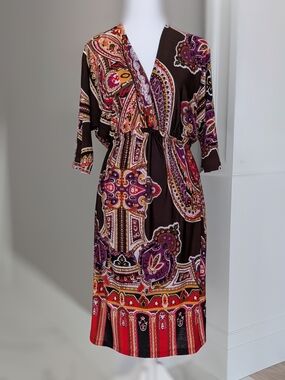 Cristinalove Brown Paisley Midi Dress with Purple & Orange Accents XL
